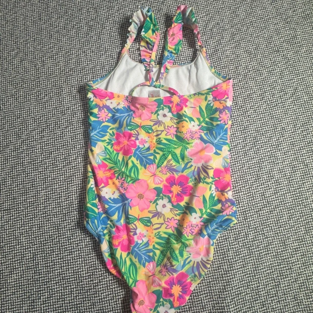 Cat & Jack Girls XL 14 One Piece Swimsuit Tropical Floral Butterfly Ruffle Pink
